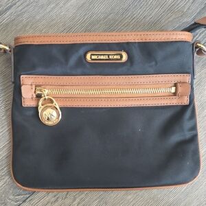 Michael Kors Black and Tan Shoulder Nylon Cross Bag Gold Hardware